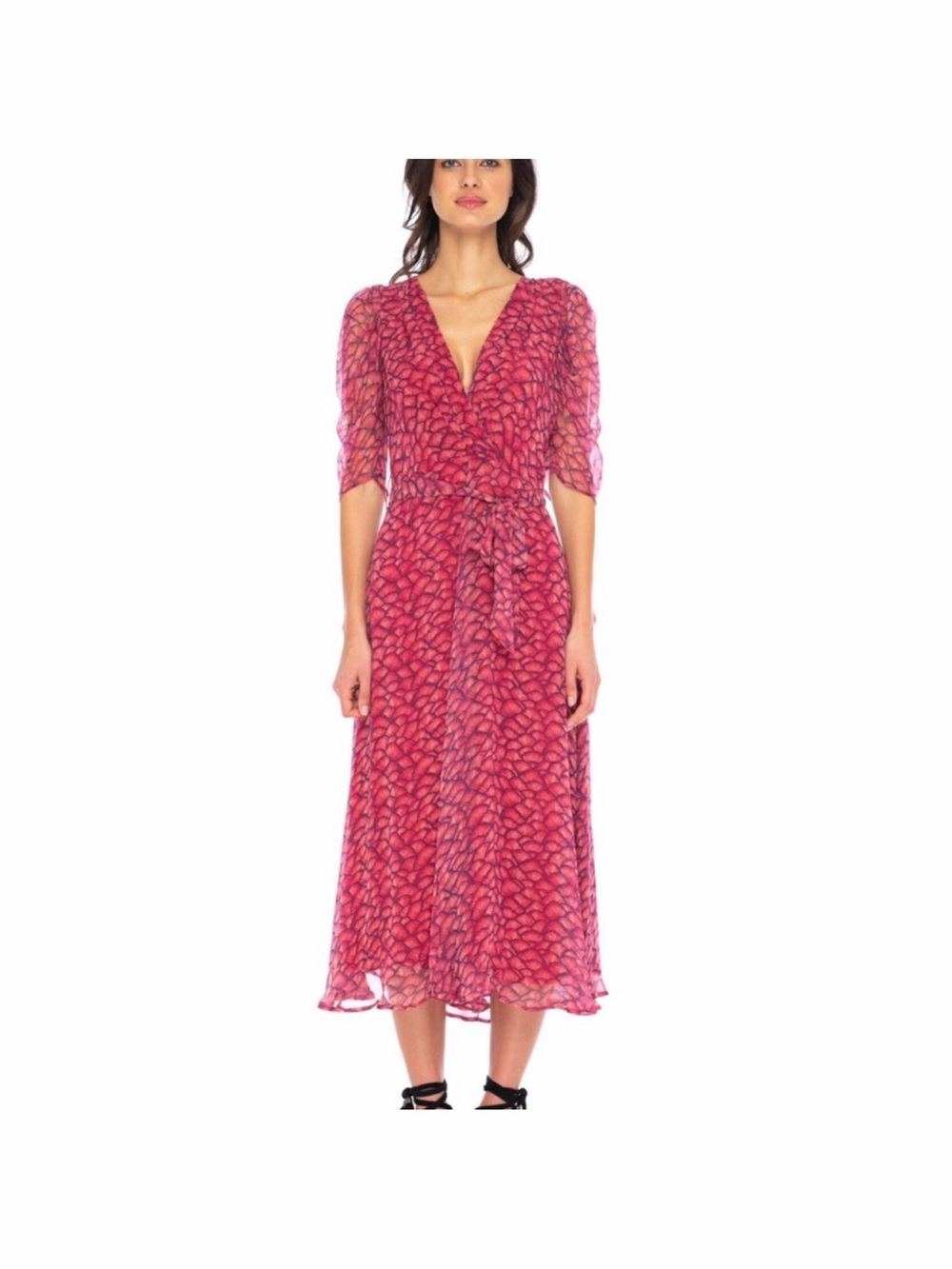Caballero Pink Printed Midi Dress with V-Neck Tie Waist